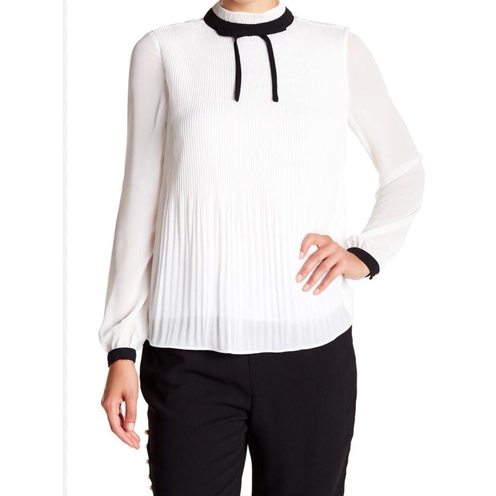 Ted Baker London White Pleated Bow Tie Blouse Minimalist Sheer Sleeve Top 2